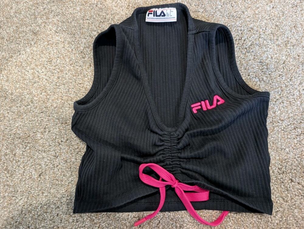Crop Top FILA Womens Small Black Ribbed Ruched Cinch Drawstring Pink Logo Tank